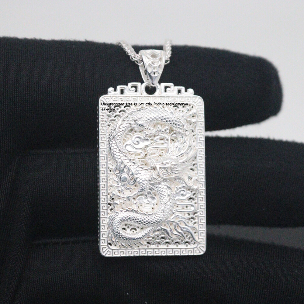 Pure S999 Fine Silver 999 Men Women Square Dragon Pendant 42*22mm 13-15g