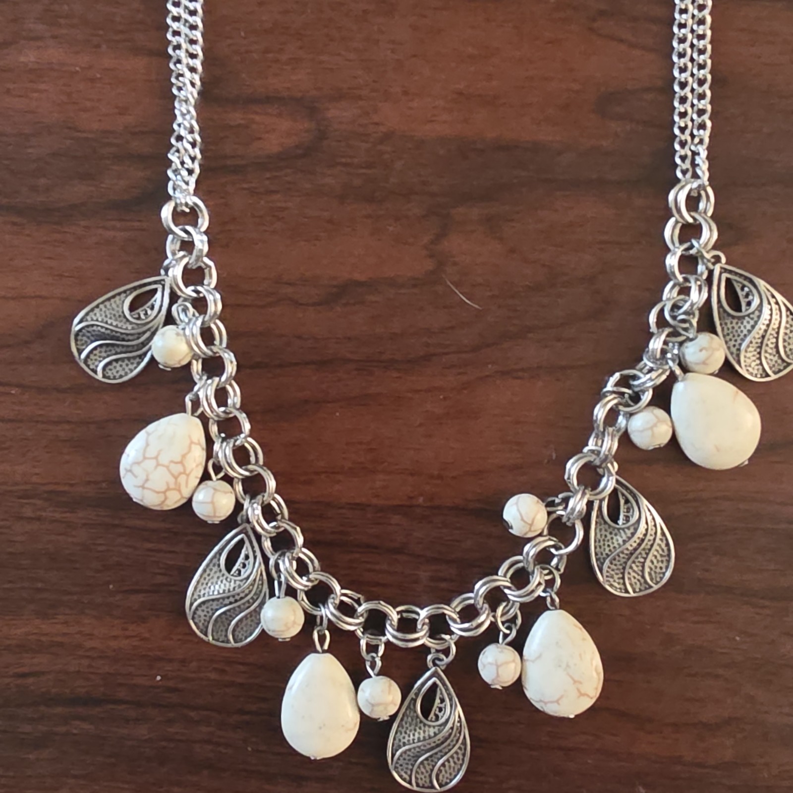 Silver Tone Curb Chain Charm Necklace White Teardrop Howlite Adjustable 18in