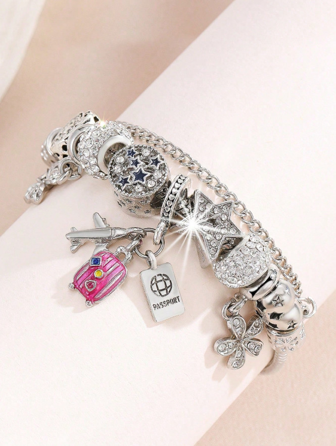 Travel Charm Bead Bracelet Airplane Passport Suitcase Pendant Gift Jewelry