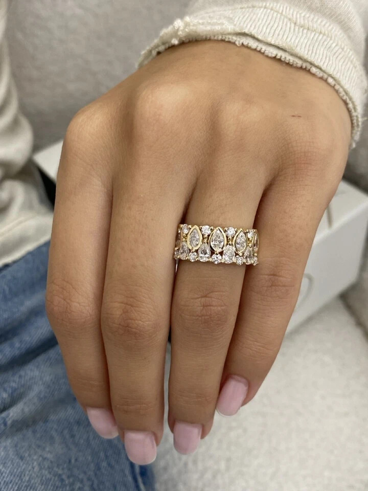 Wedding Ring Diamond Band Pear & Round EF VS Lab Grown Solid 14k Yellow Gold