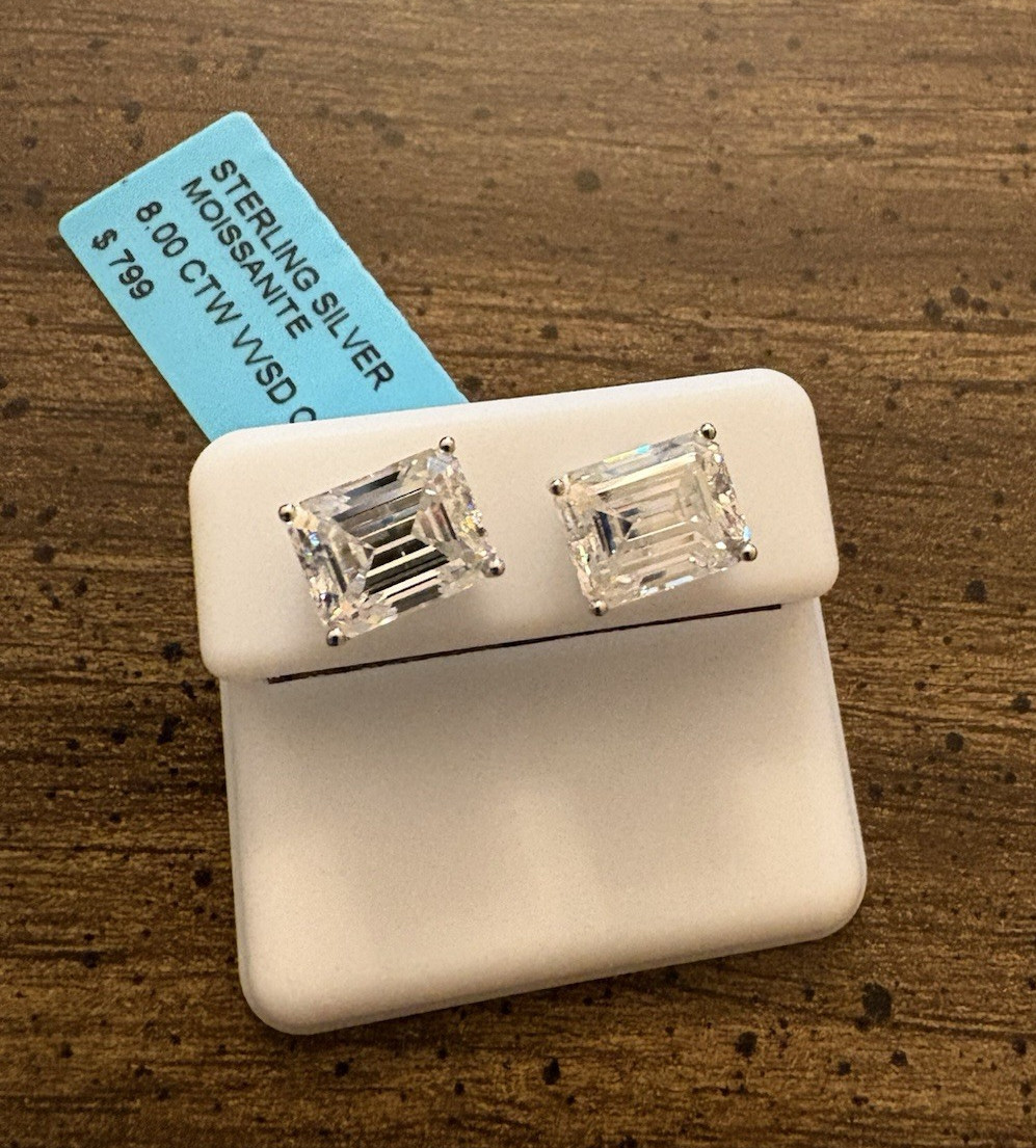 925 Sterling Silver Emerald Cut Clear Moissanite Stud Earrings 8.00 CTW