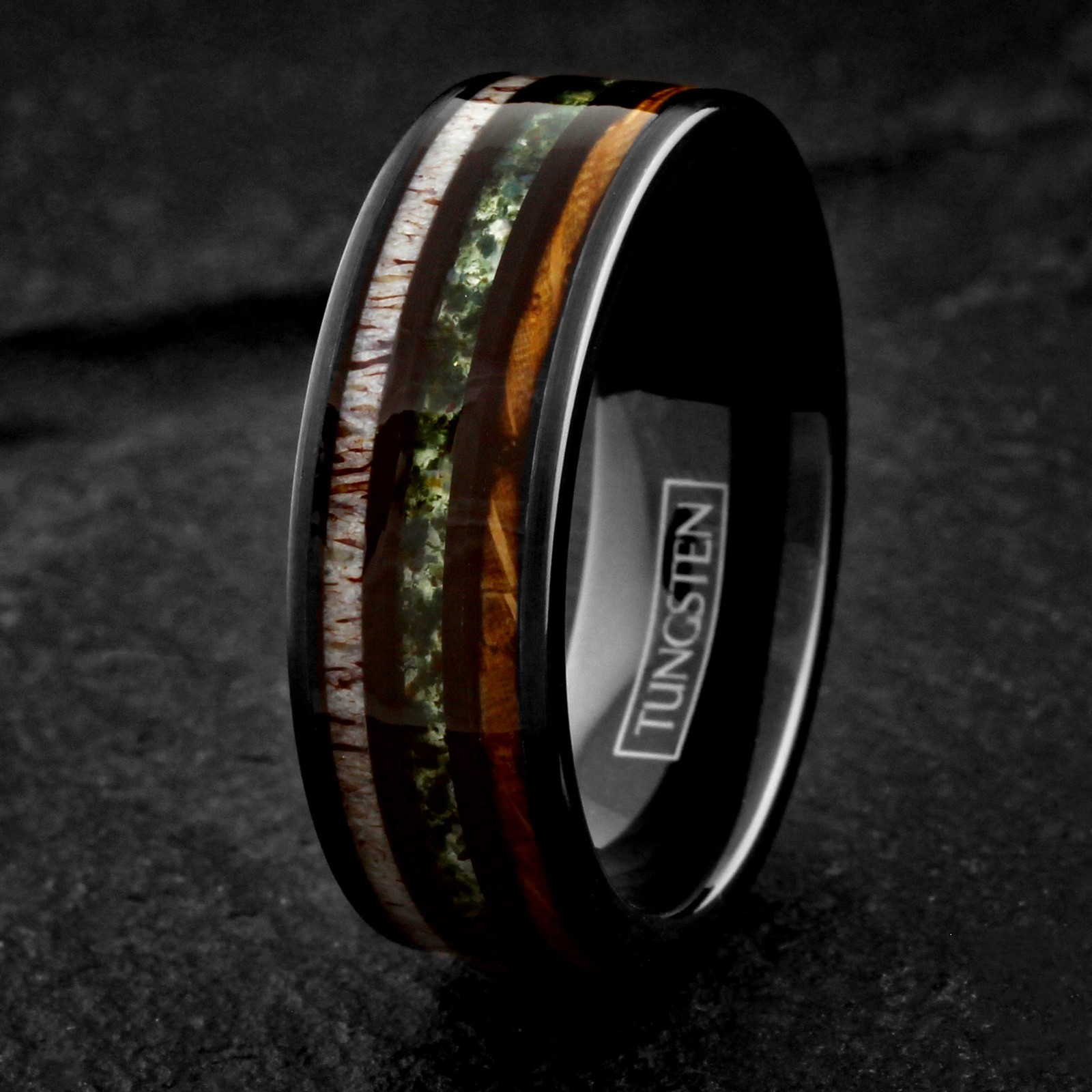 Black Tungsten Carbide Moss Agate Deer Antler Whiskey Barrel Band Ring