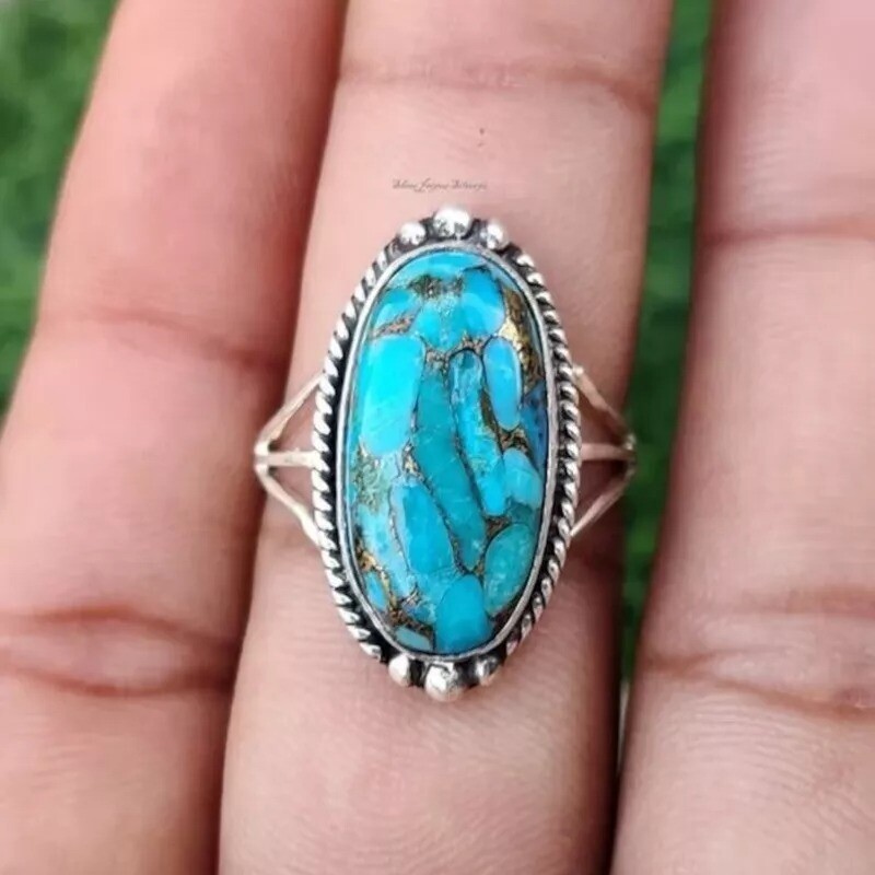Sterling 925 Silver Handmade Women Ring With Turquoise Oval Shaped Stone