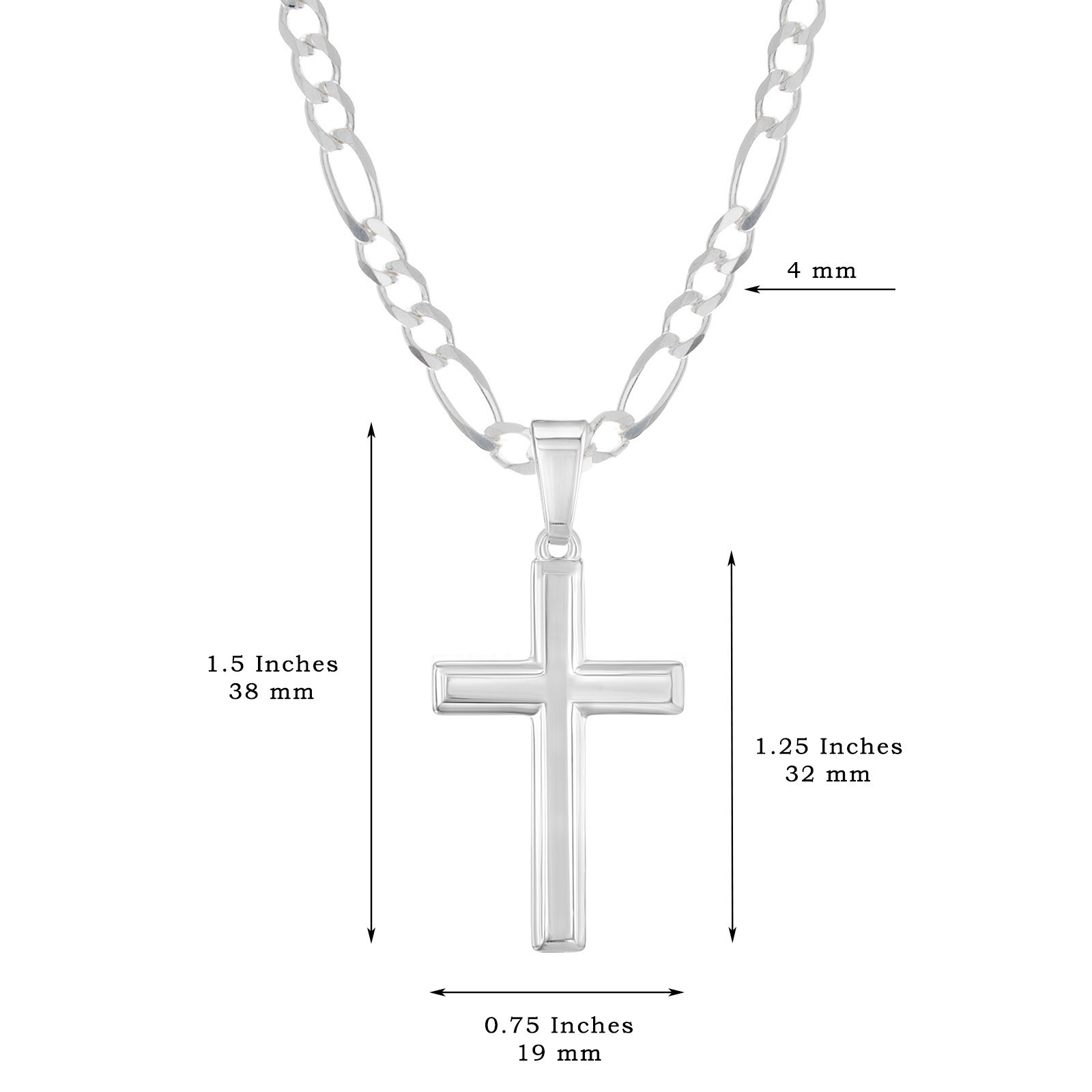 Mens Solid Sterling Silver Traditional Cross Necklace Italian Figaro Chain Gift