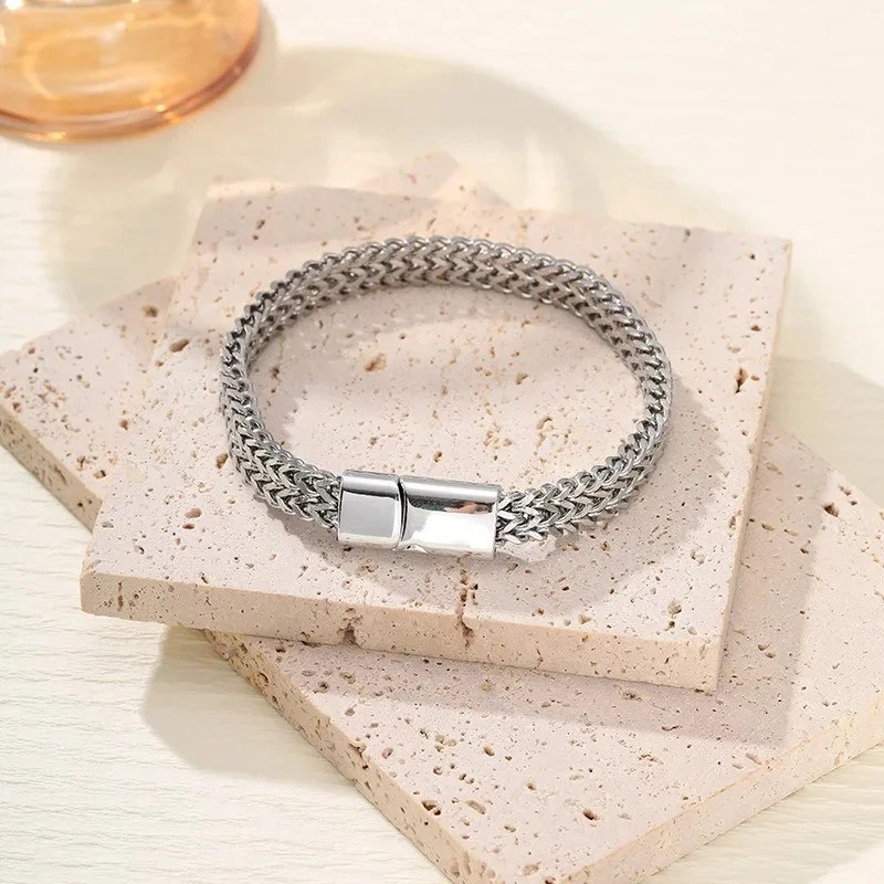 Stainless Steel Fish Scale Bracelet Double Row Braided Magnetic Clasp