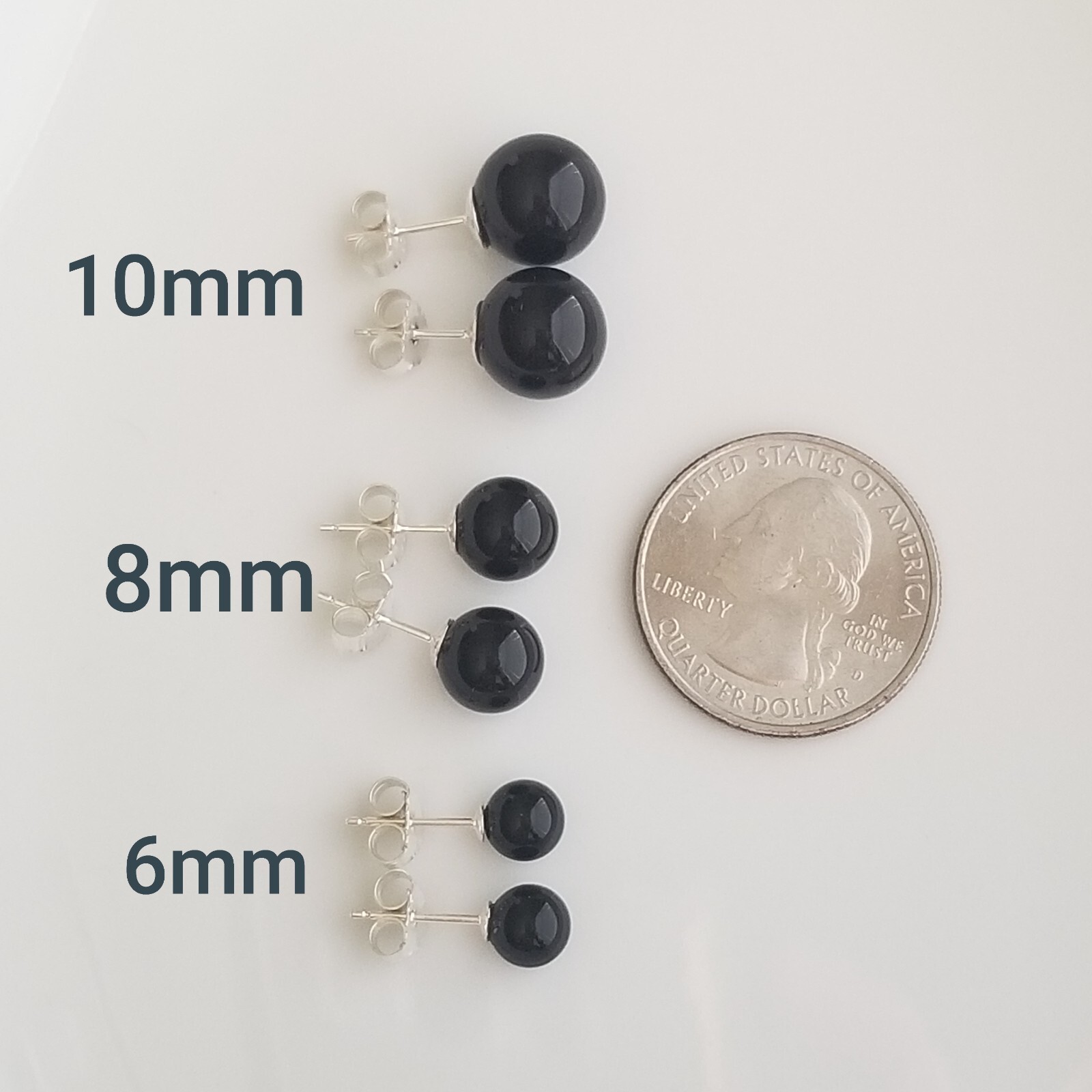 Solid 925 Sterling Sliver Natural Black Onyx 10mm Round Ball Stud Earrings
