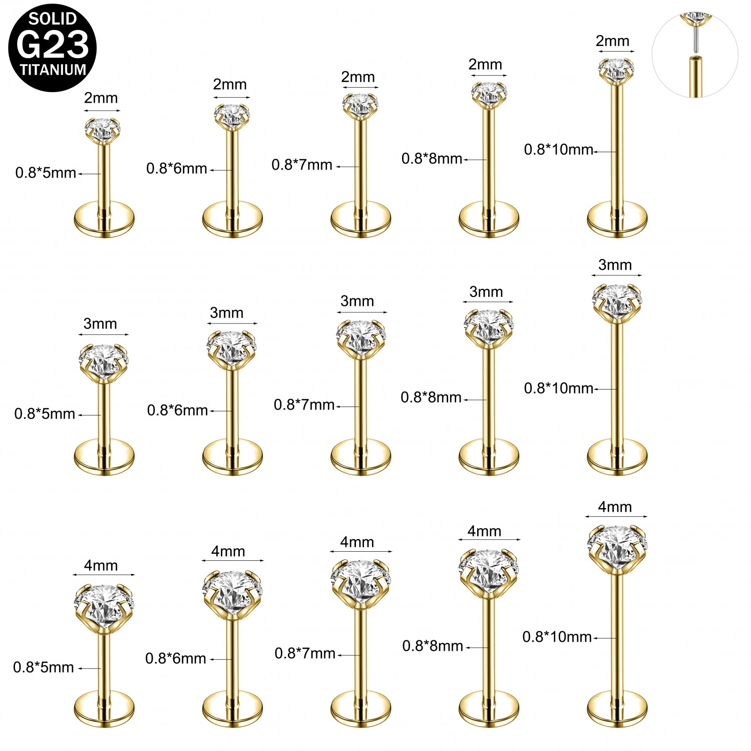 16G/18G/20G Titanium Lip Studs CZ Cartilage Earring Push in Labret Lip Piercing