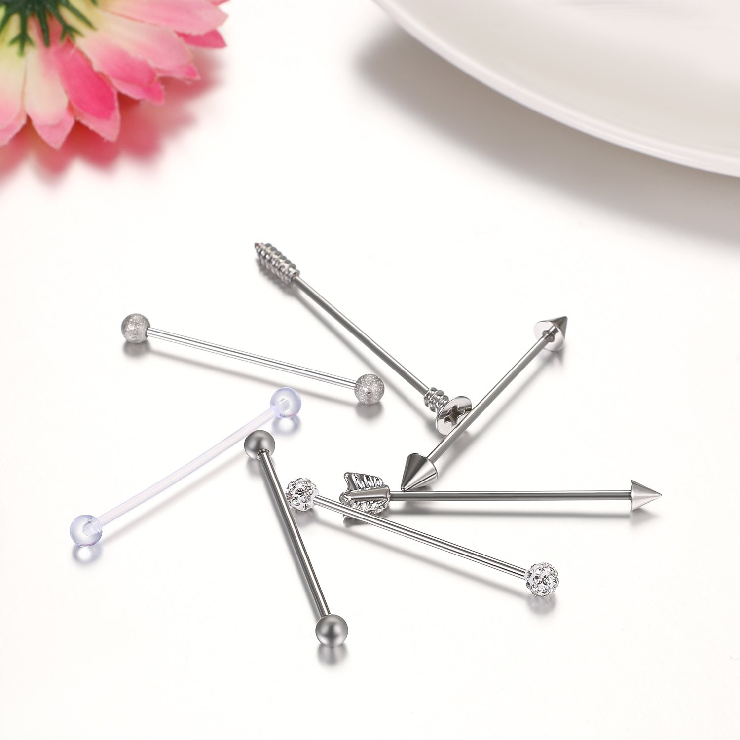 7PCS 14G 38mm Industrial Barbell Earrings Arrow Ear Cartilage Piercing Jewelry