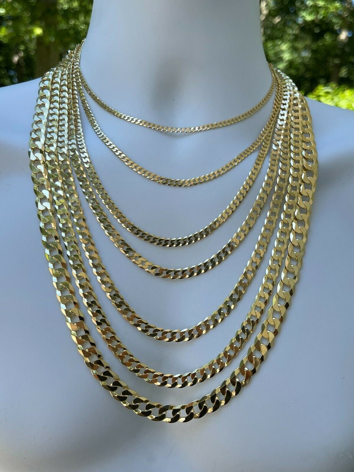 REAL Solid 925 Silver 14k Gold Plated Flat Cuban Link Chain Necklace 3mm – 11mm
