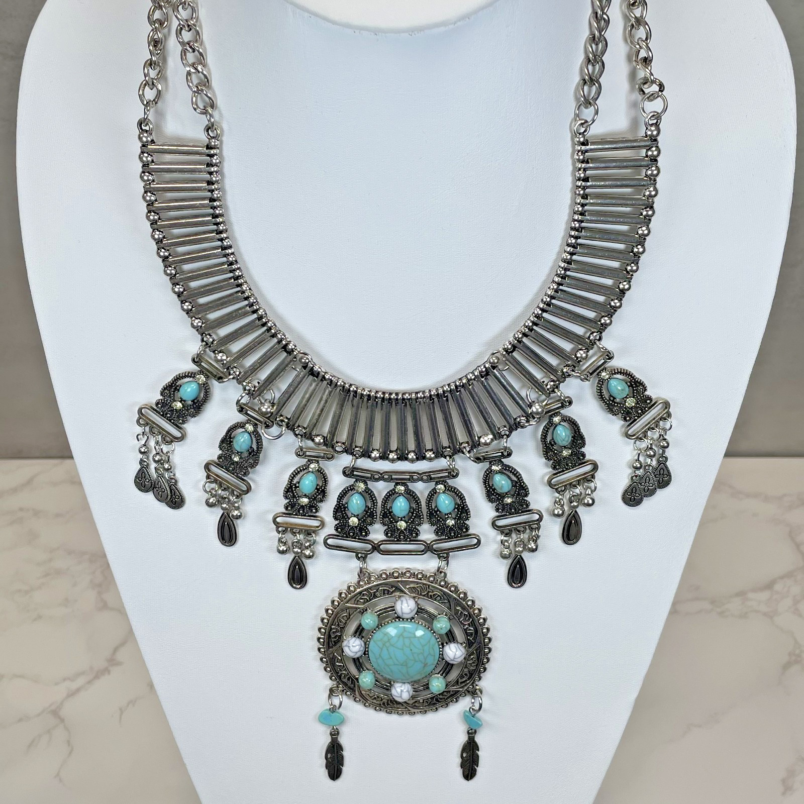 Silver Tone Faux Turquoise Matrix Statement Necklace Feather Bead Southwestern