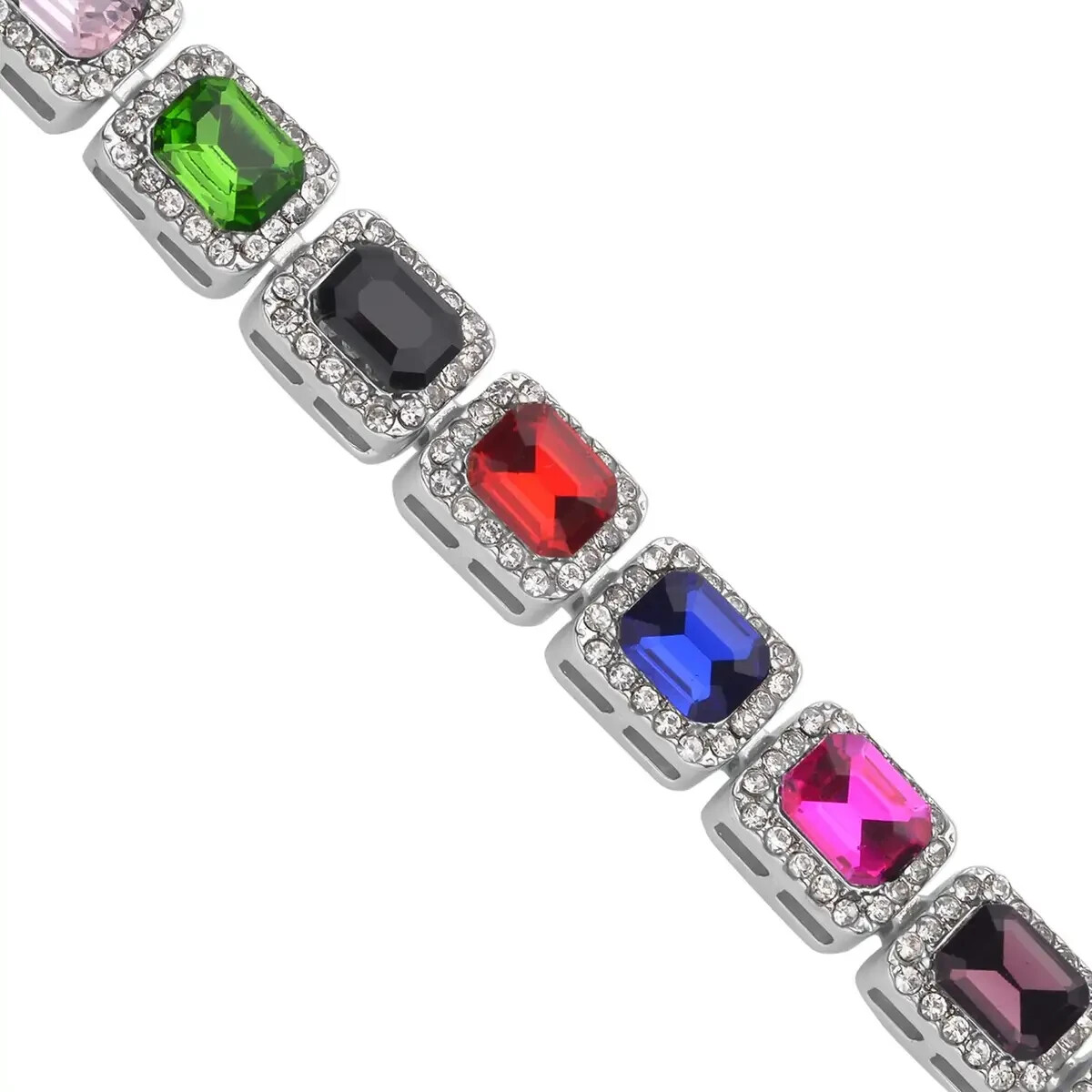 NEW Artisan Multicolor Glass Austrian Crystal Tennis Bracelet 7-9” In Silvertone