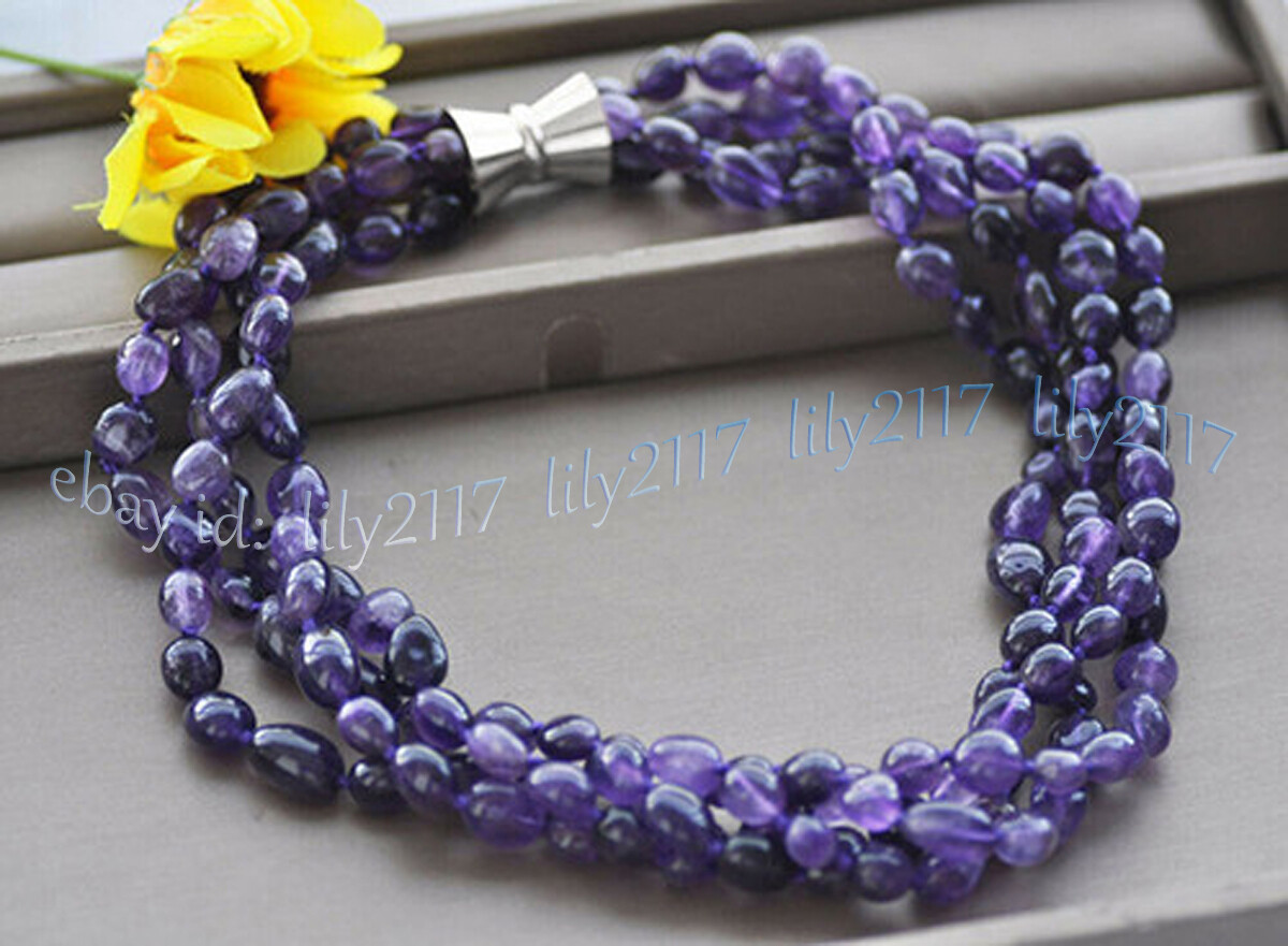 4 Rows 8-10mm Purple Amethyst Irregular Freeform Gemstone Beads Necklace 18”