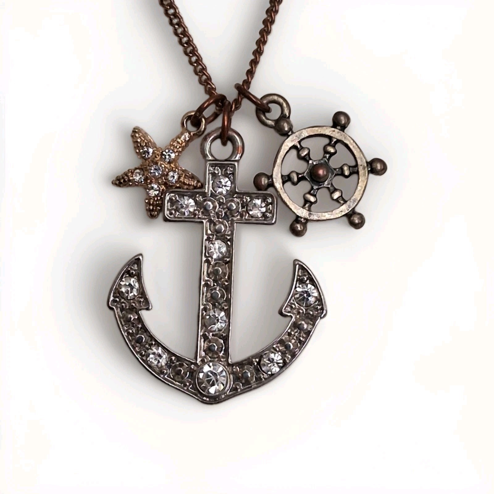 Silver Tone Crystal Anchor Charm Pendant Necklace, Adjustable Cable Chain