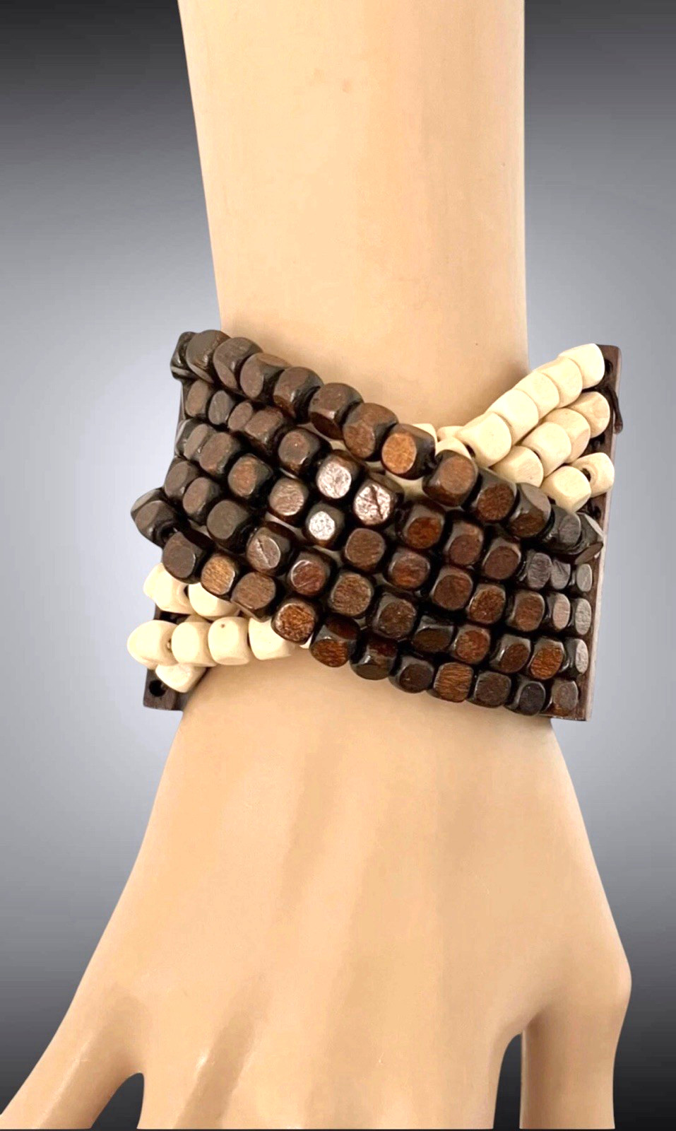 2.3/8 Wide Beige Brown Lightweight Statement Stretchable Wooden Wood Bracelet