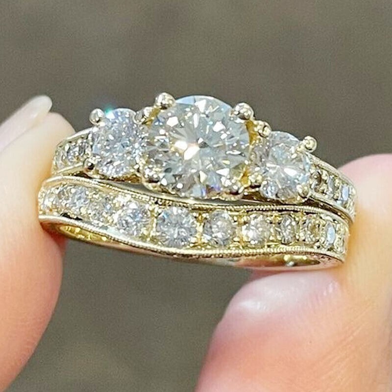 14K Yellow Gold Finish 3.5Ctw Art deco Style Created Diamond Engagement Ring Set