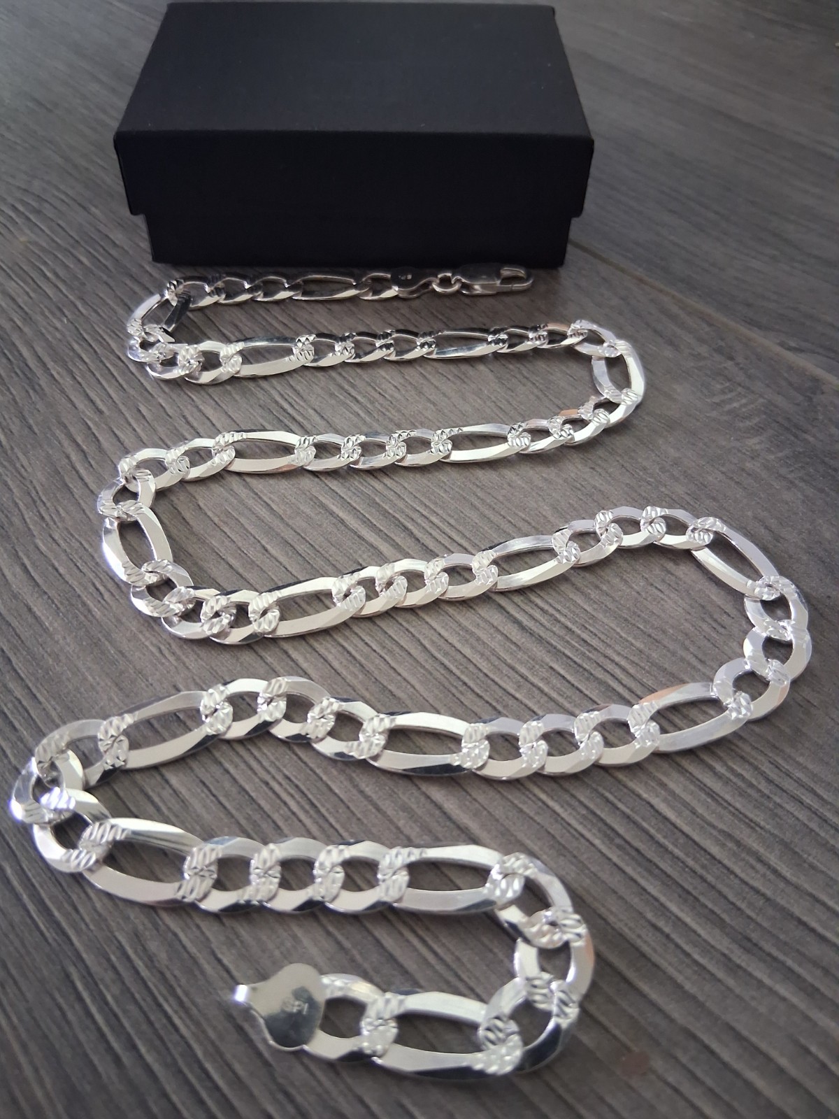 cadena stilo figaro plata 925 corte diamante 24″ larga 7.8mm anchor,