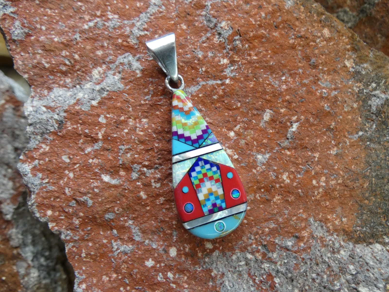 Southwestern Mosiac Gemstone Opal Aluminum Sterling Silver Alloy Pendant AS90