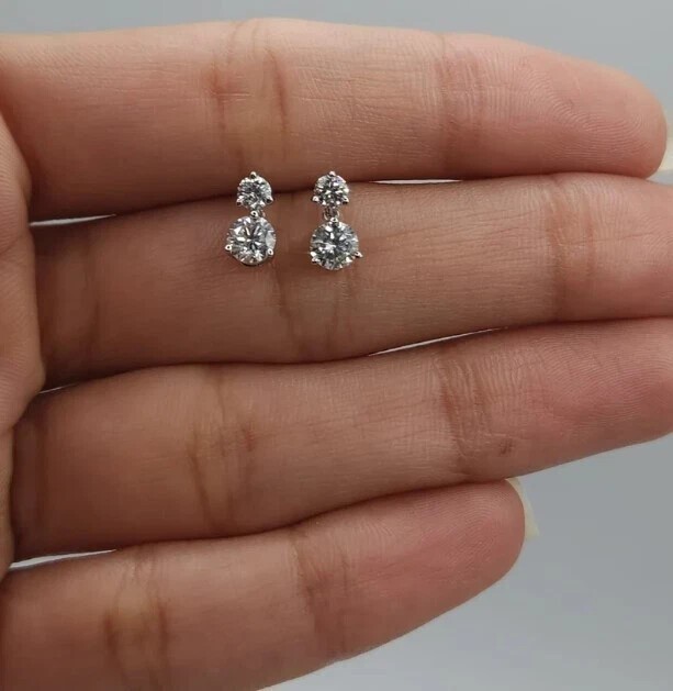 2.20Ct Round Simulated Diamond Drop Two Stone Hoop Earring 14K White Gold Plated