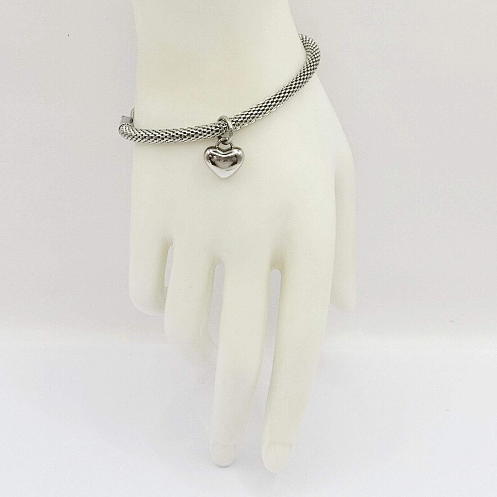 Puffy Heart Polished Charm Dangle on Silver Tone Stainless Mesh Bracelet 7 Inch