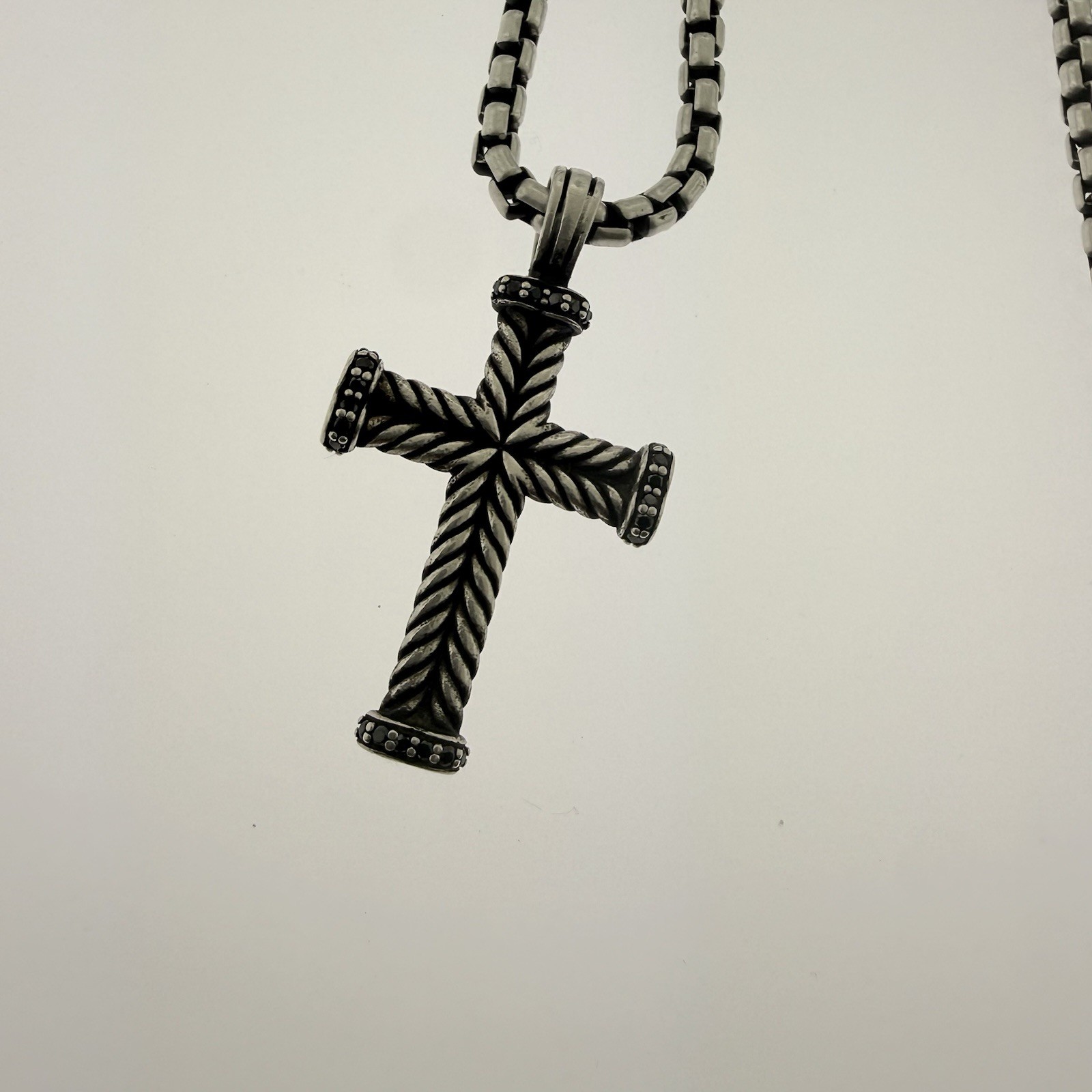 David Yurman Sterling Silver 925 Box Chain & Chevron Cross Pendant Black Diamond