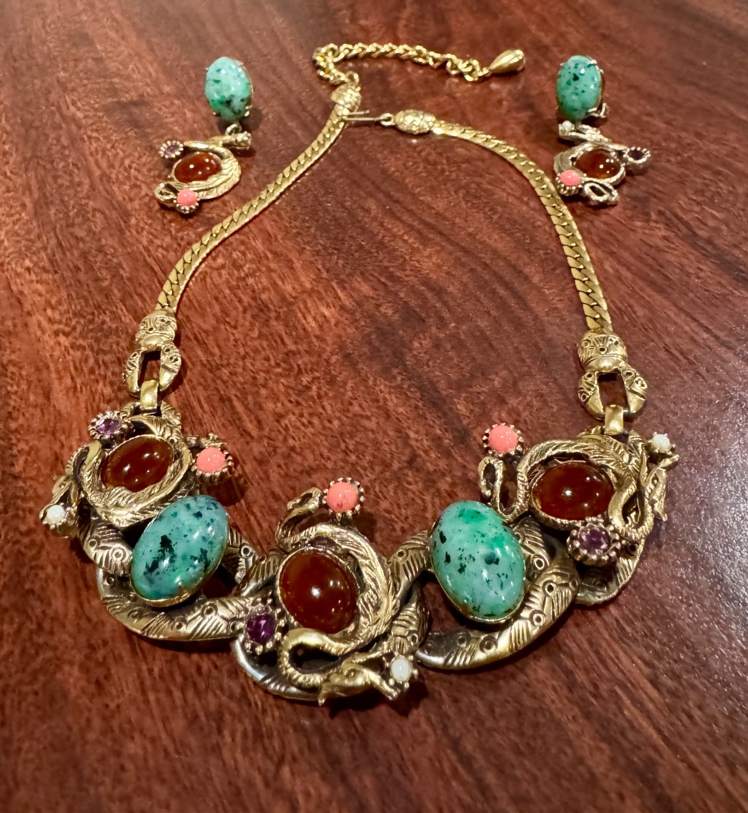Vintage 1950’s Selro Selini Dragon Egg Gold Necklace & Clip-On Earrings Set