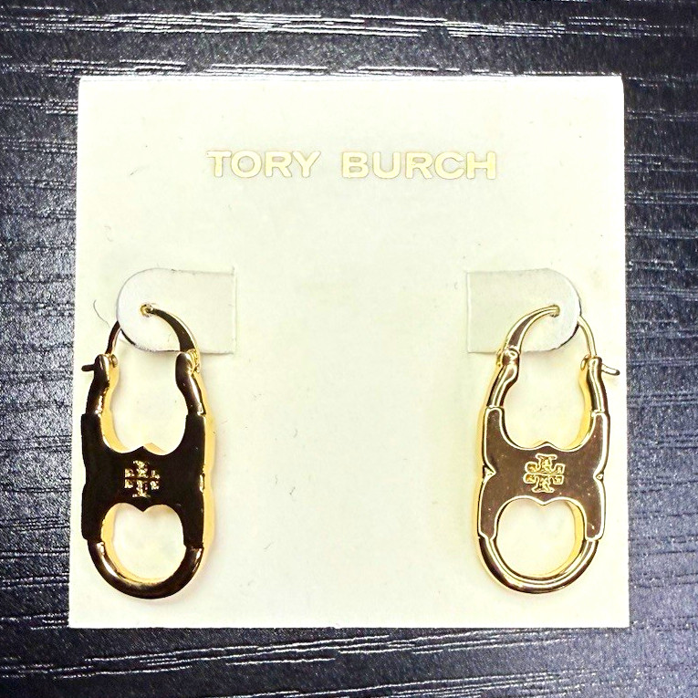 Tory Burch Gold Tone Black Logo Huggie Hoop Earrings Hinged Oval