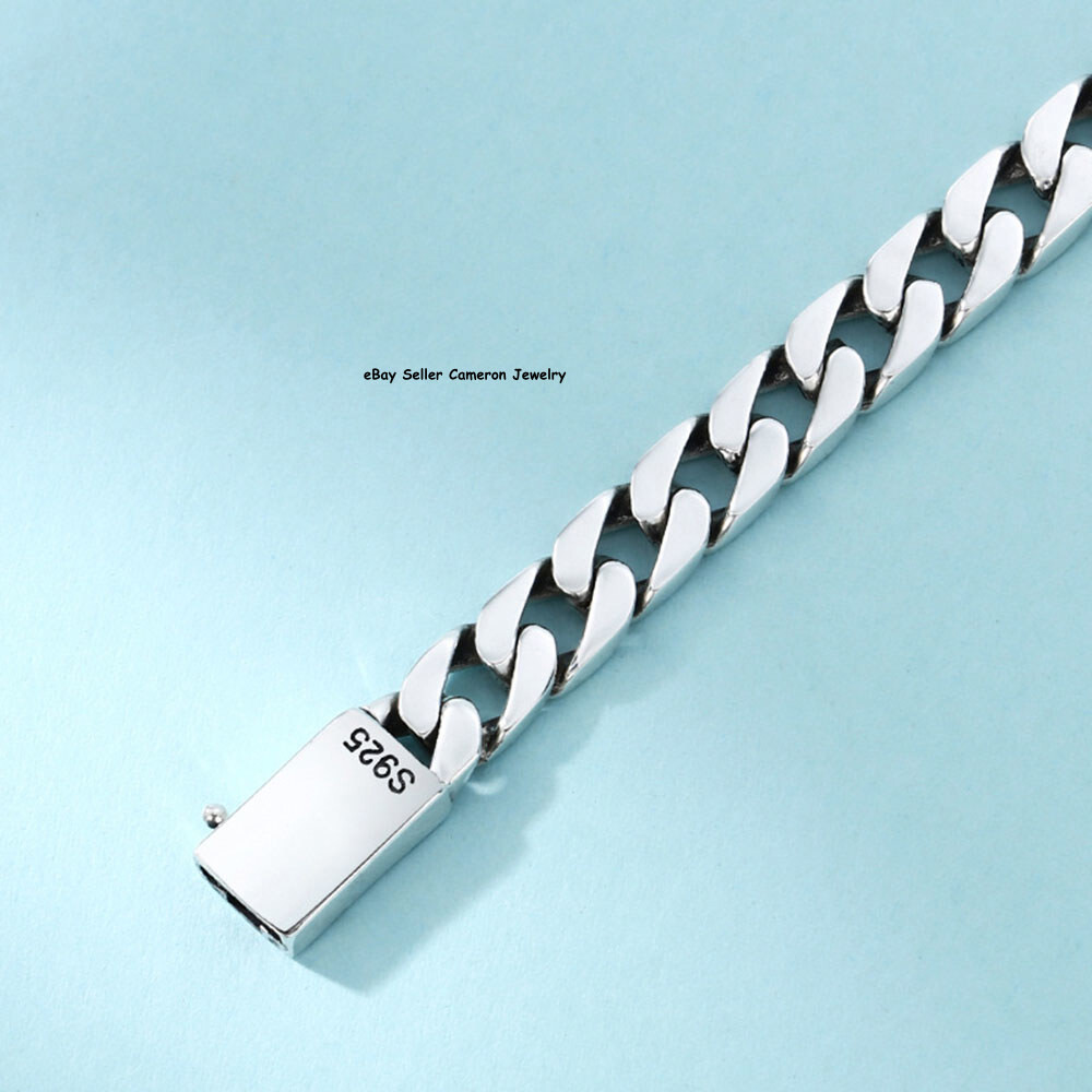 Pure S925 Sterling Silver Chain Men Women 7mm Curb Link Bracelet 7.1-7.9inch L