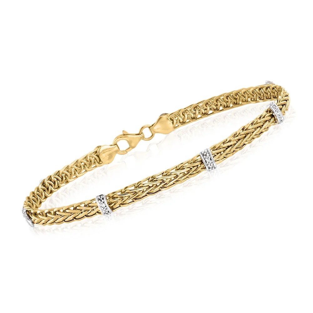 7″ Diamond Accent Spiga Wheat Chain Bracelet Real 14K Yellow Gold