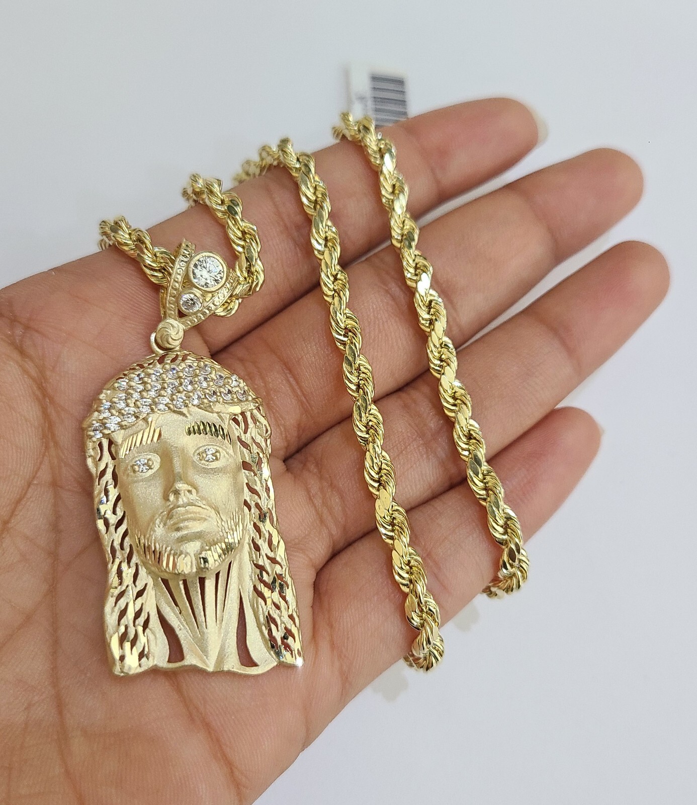 REAL 10k Jesus Head Charm Rope Chain Pendant 4mm Necklace Set 18″-28″ in