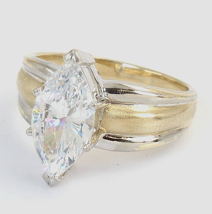 2-Tone 14k Solid Gold 3ct Marquise CZ Engagement Big Cocktail Ladies Ring Size 8