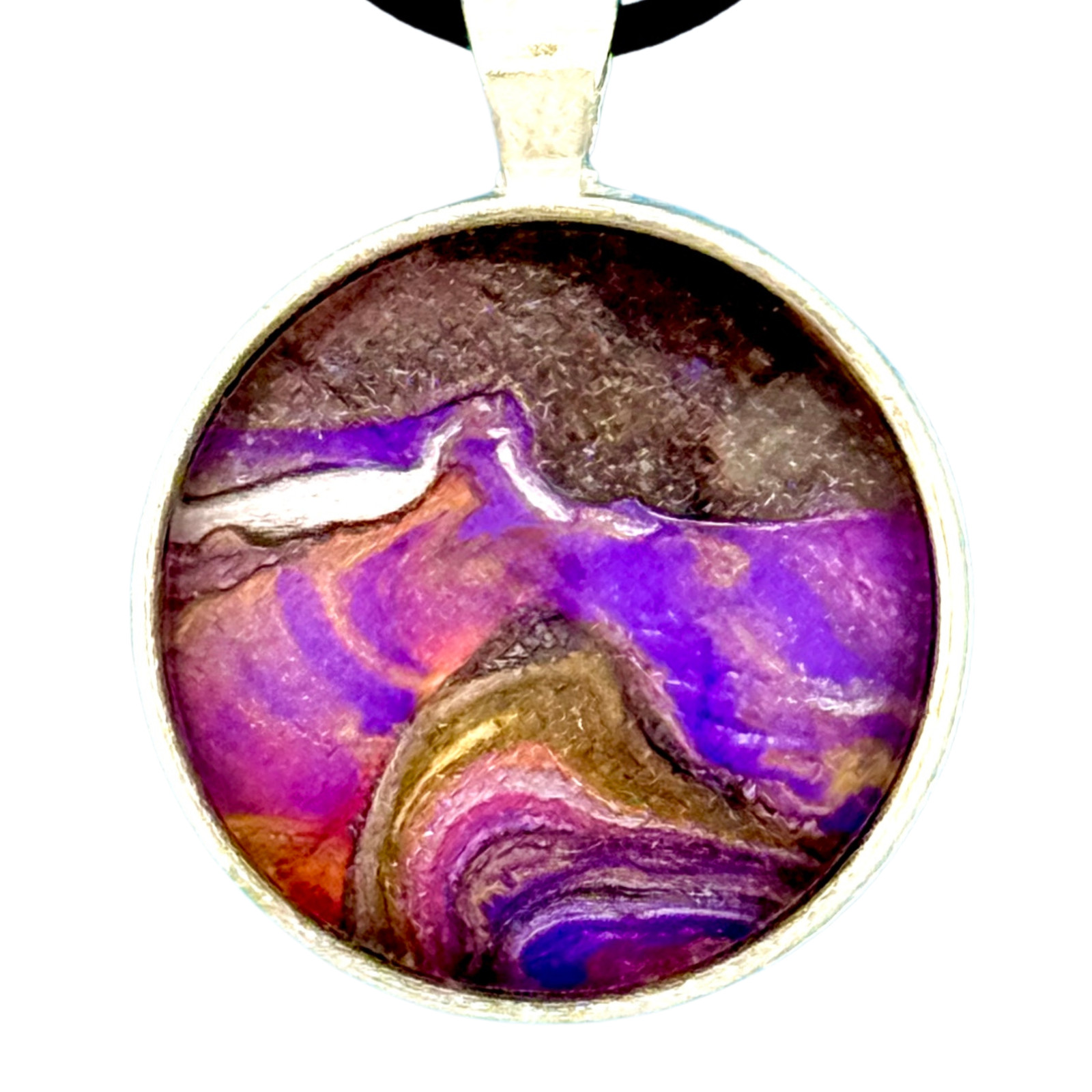 Pendant Necklace Handmade “Purple Mountain” Silver Bezel 30mm Black Cord