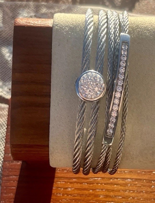 2 Stainless Sliver Mesh Cubic Zirconia Stackable Cuff Bracelet 6.25