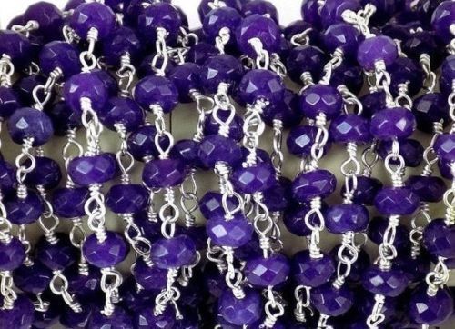 5-10 Feet Blue Chalcedony Rondelle Faceted 3-4mm Beads, Rosary Chain Silver Wire
