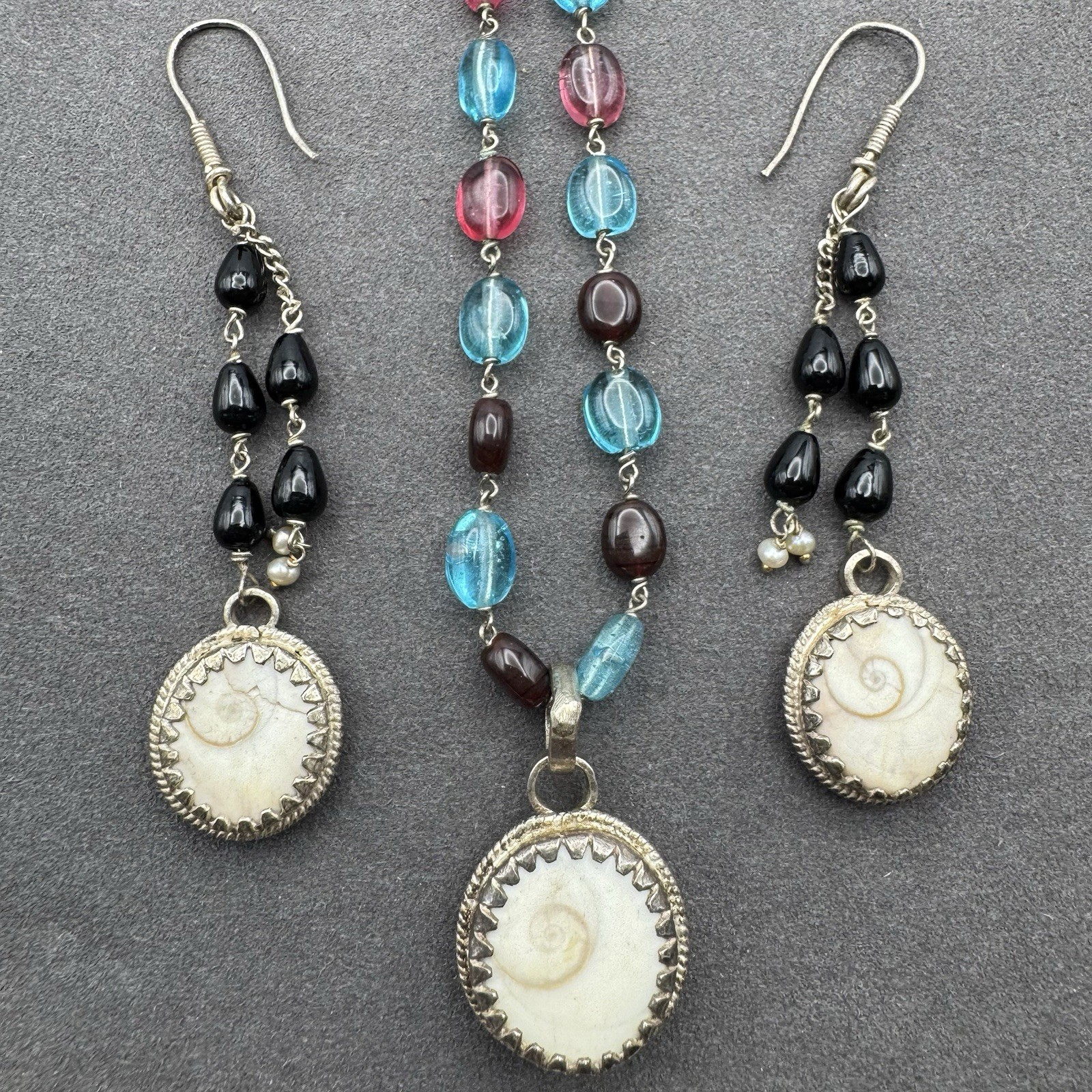 Artisan Silver Shiva Eye Shell Multi-Bead Necklace and Dangle Earrings Set