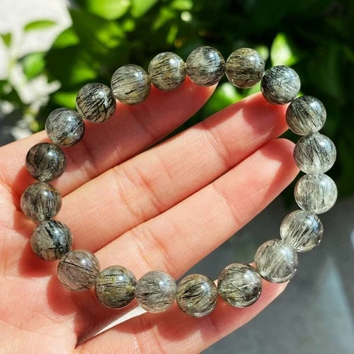 9mm Natural Black Rutilated Quartz Crystal Beads Bracelet 2342