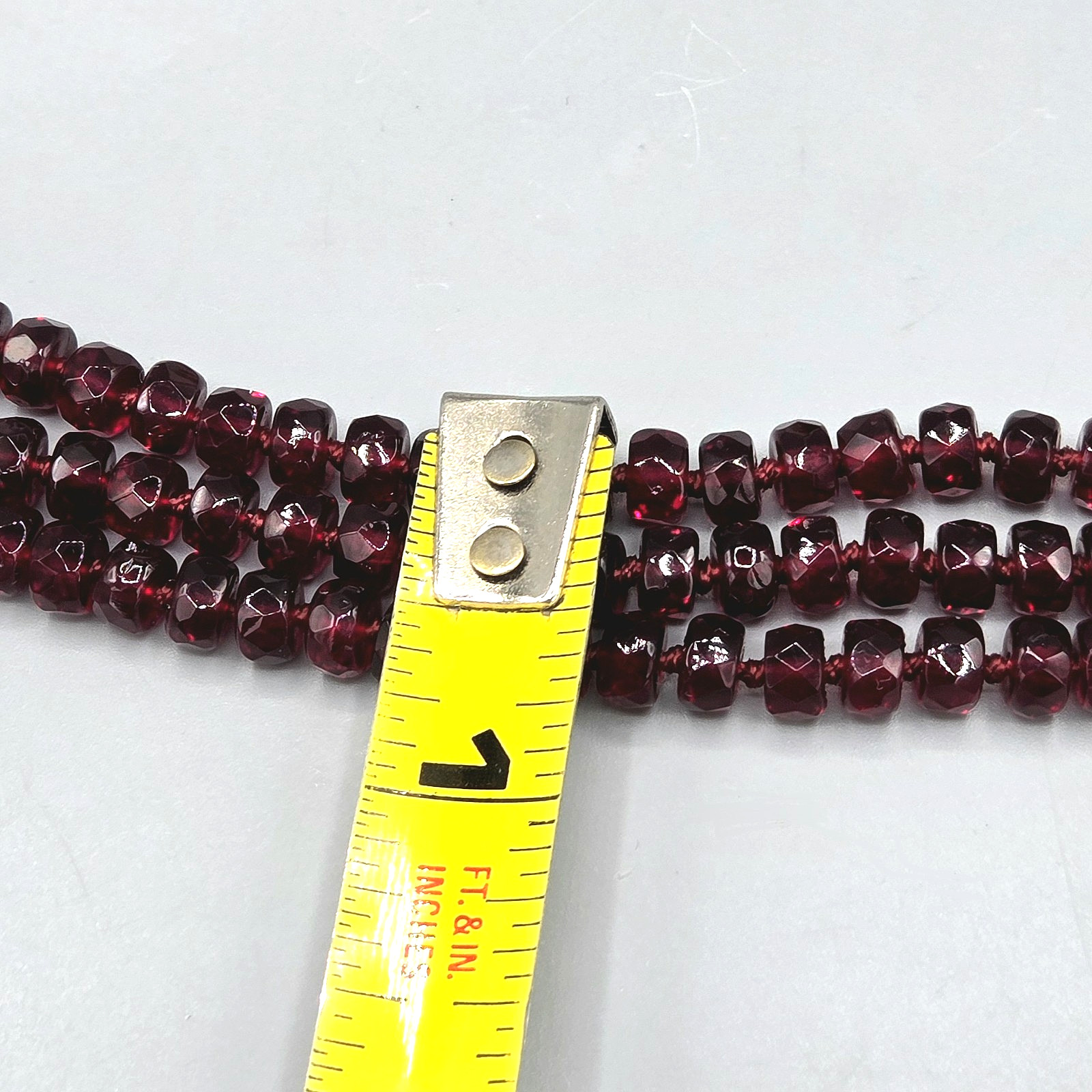 3 Strand Layered Hand Knotted Faceted Rondelle Garnet Glass Bead Necklace 17″