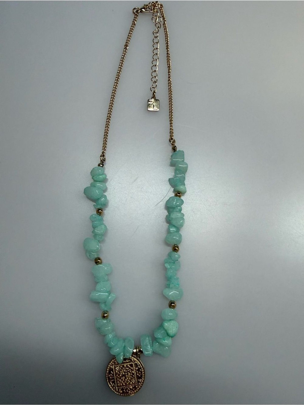 Gold Coin Pendant aqua green Chip Bead Necklace