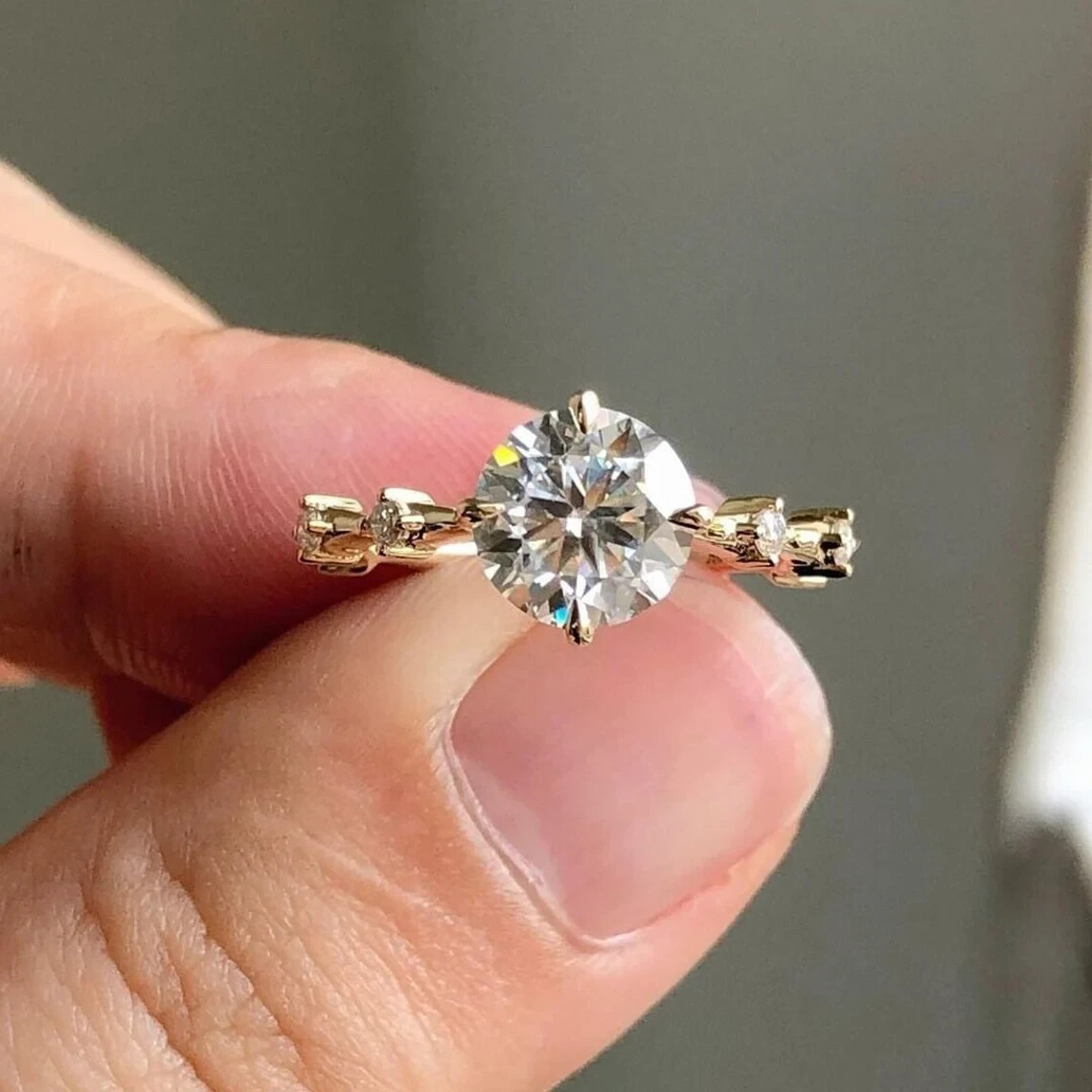 8mm Round Moissanite Solitaire With Accents Wedding Ring 14K Yellow Gold Plated
