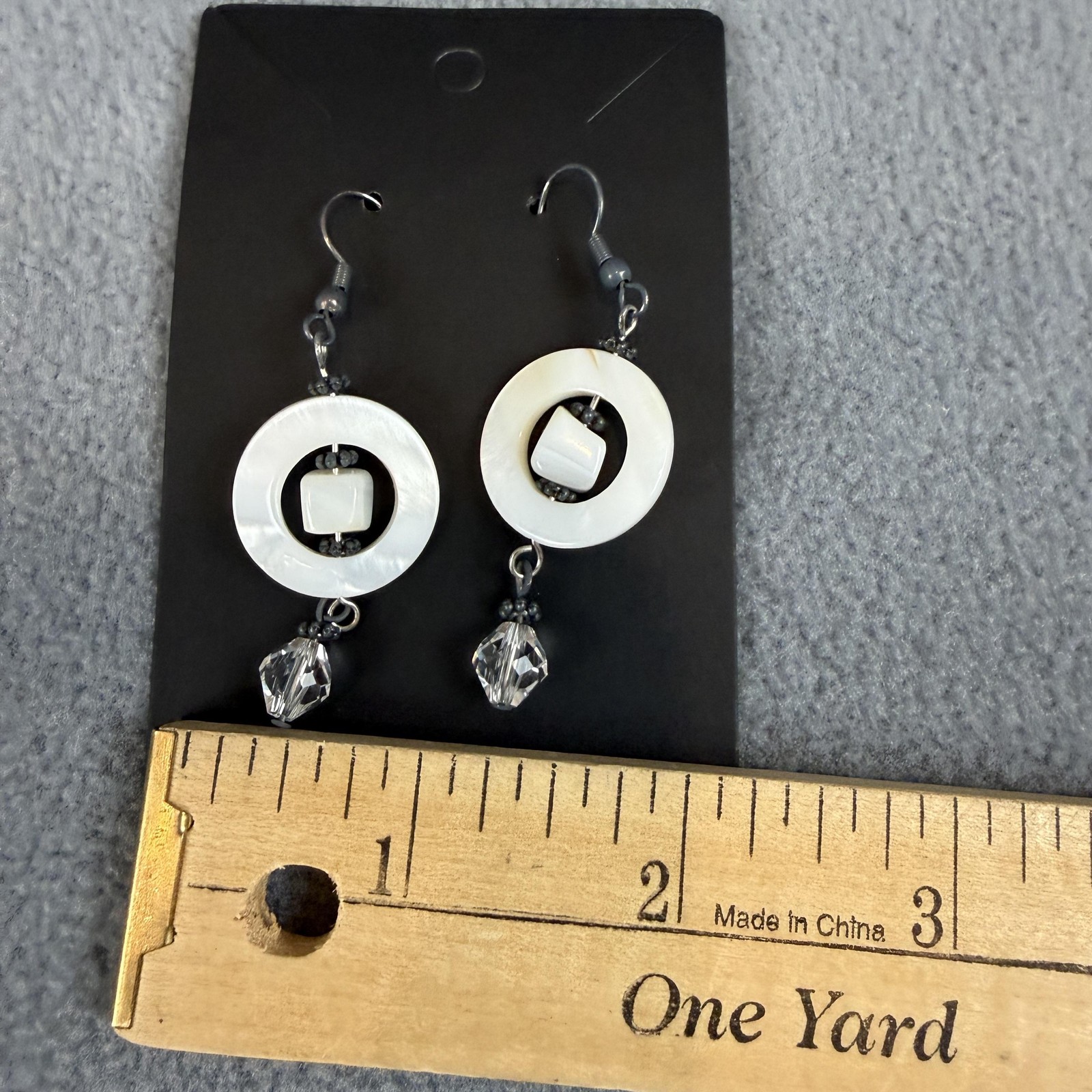 White Beaded Dangle Drop Earrings Round Hoop Clear Bead Gunmetal Tone Jewelry