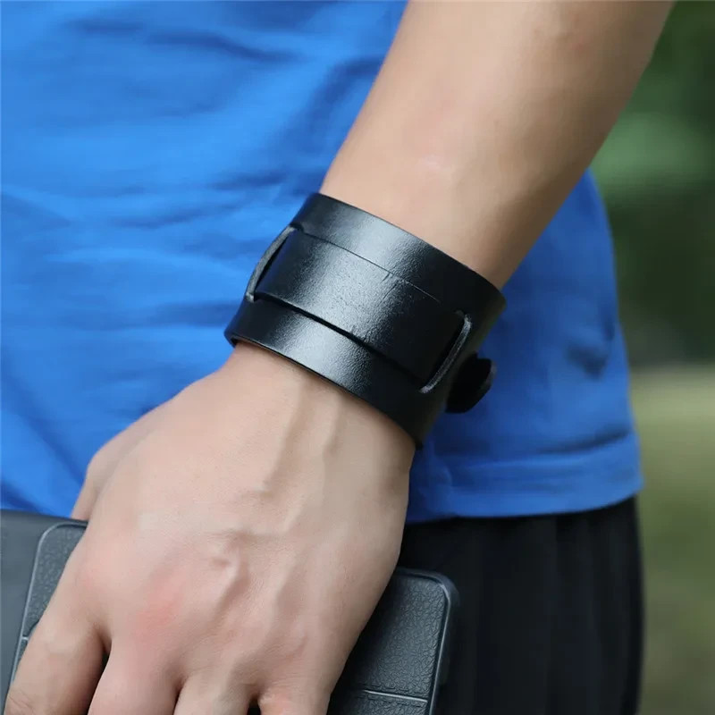 **Men’s Punk Vintage Genuine Leather Bracelet – Wide Brown Black Cuff Wristband