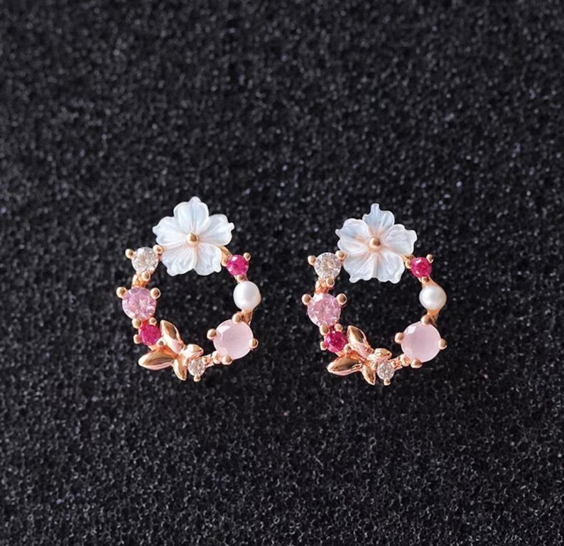 925 Sterling Silver Circle Flower Pearl Dainty Minimalist Women Stud Earrings
