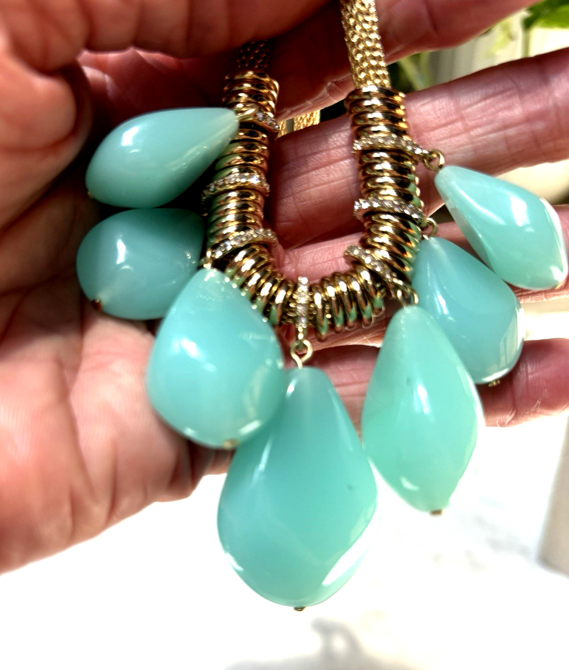 ABS Arthur Swartz Chunky Statement Goldtone Mesh Aqua Acrylic Dangles Necklace