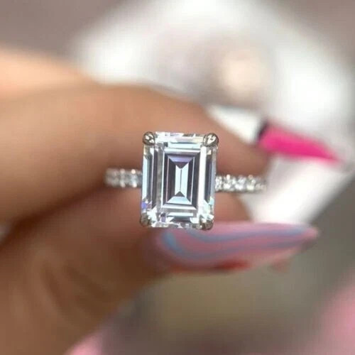 2Ct Emerald Cut Lab Created Moissanite Women Wedding Ring 14K White Gold Plated