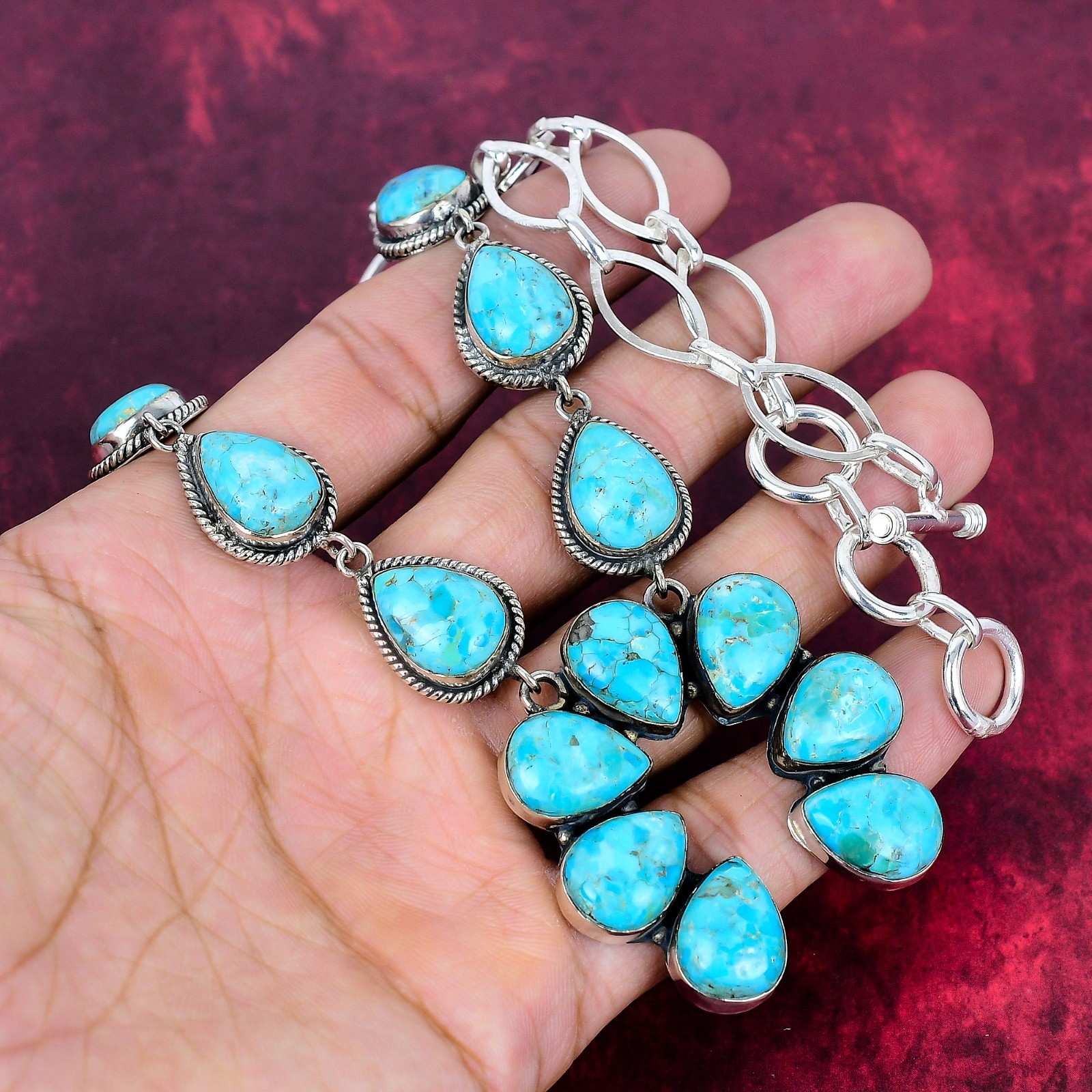 Blue Turquoise Gemstone Handmade 925 Sterling Silver Jewelry Necklace For Her