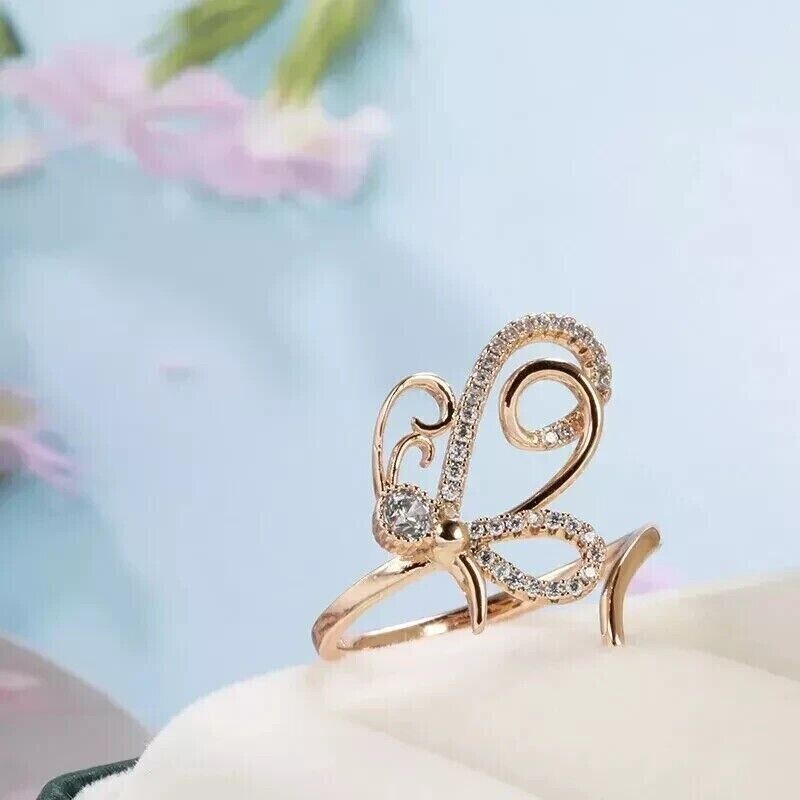 1.50 Ct Round Simulated Diamond Engagement Butterfly Ring 14k Rose Gold Plated
