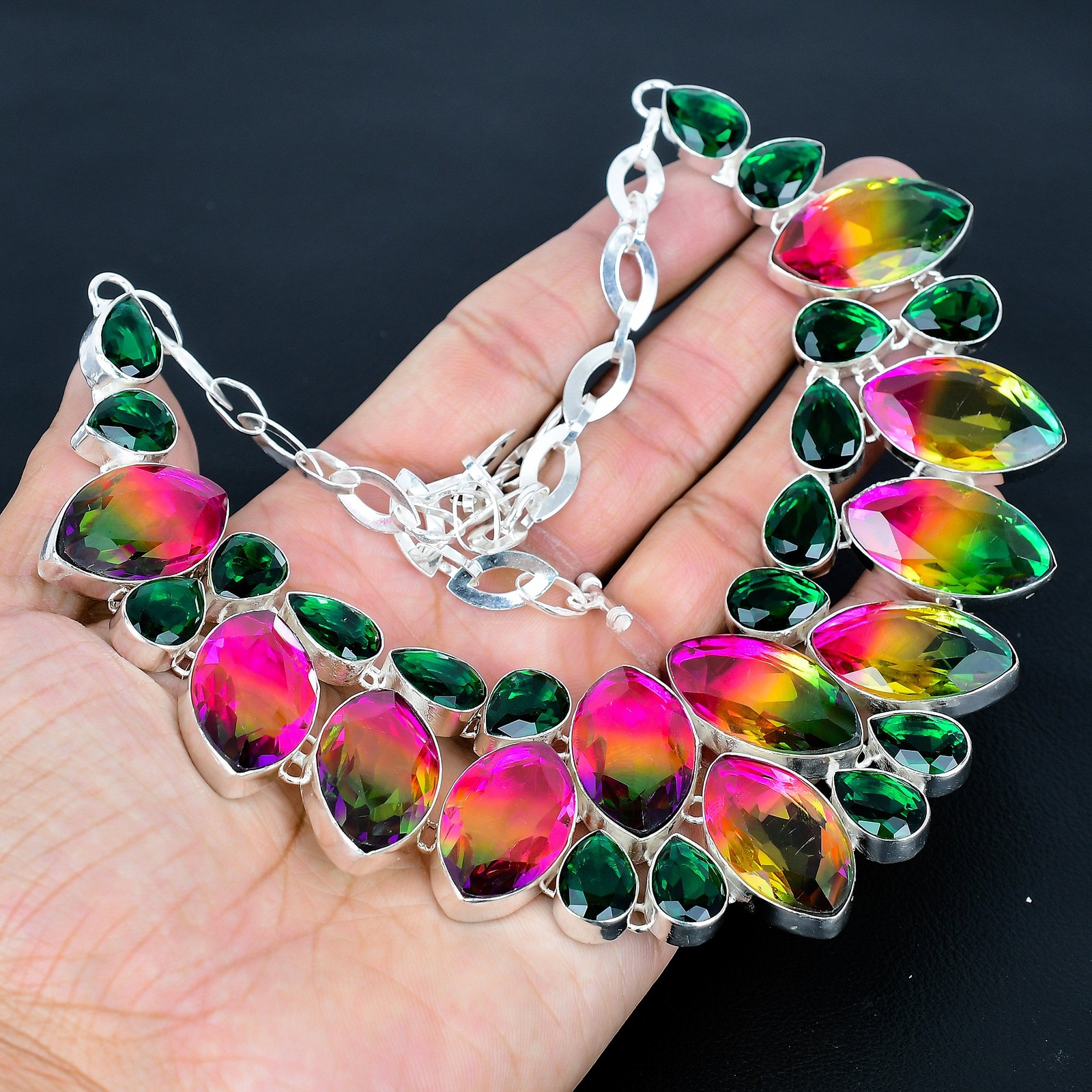 Multi Tourmaline Chrome Diopside Gemstone 925 Sterling Silver Necklace 18″ VJ 90