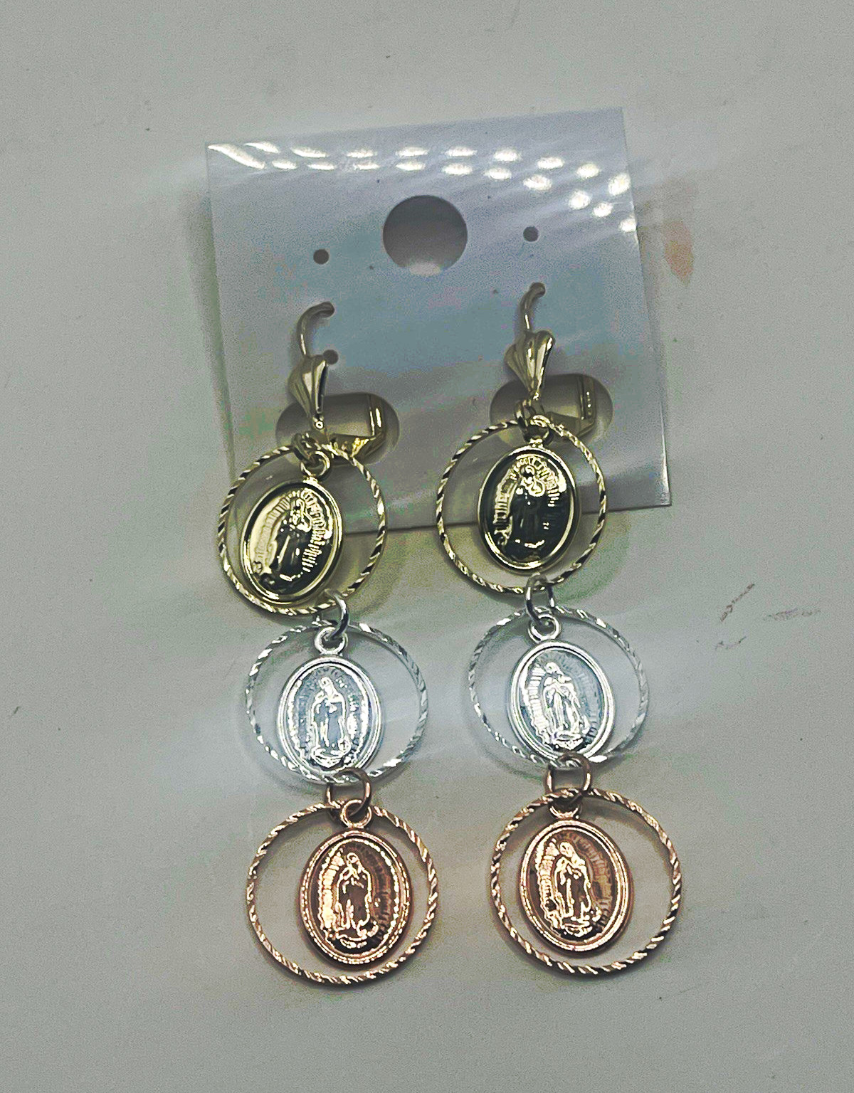 Gold filled 3 tones Virgin Mary earrings for women