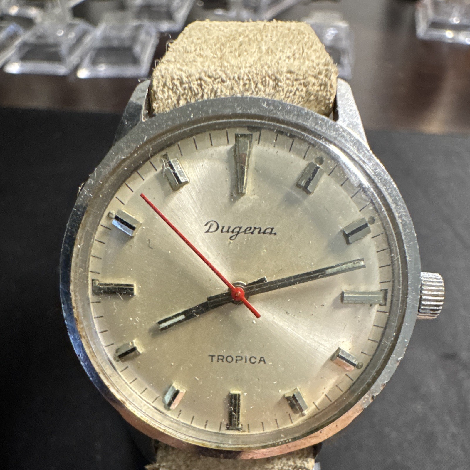 Dugena Tropica Analog Silver Dial Baton Index Steel Case Beige Leather Strap