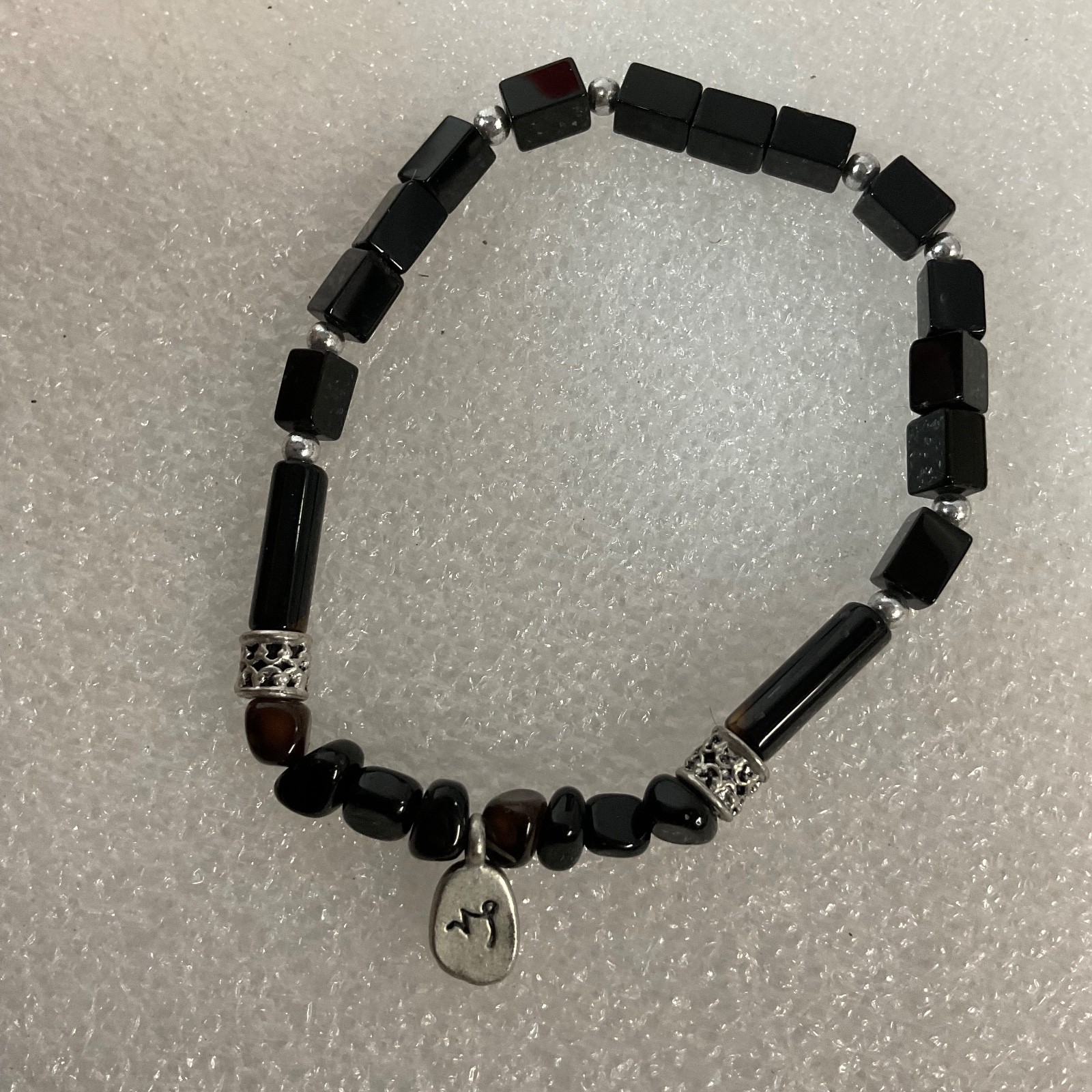6in & 6.5in Black Beaded Bracelet Pair Silver Tone Stretch Jewelry Set
