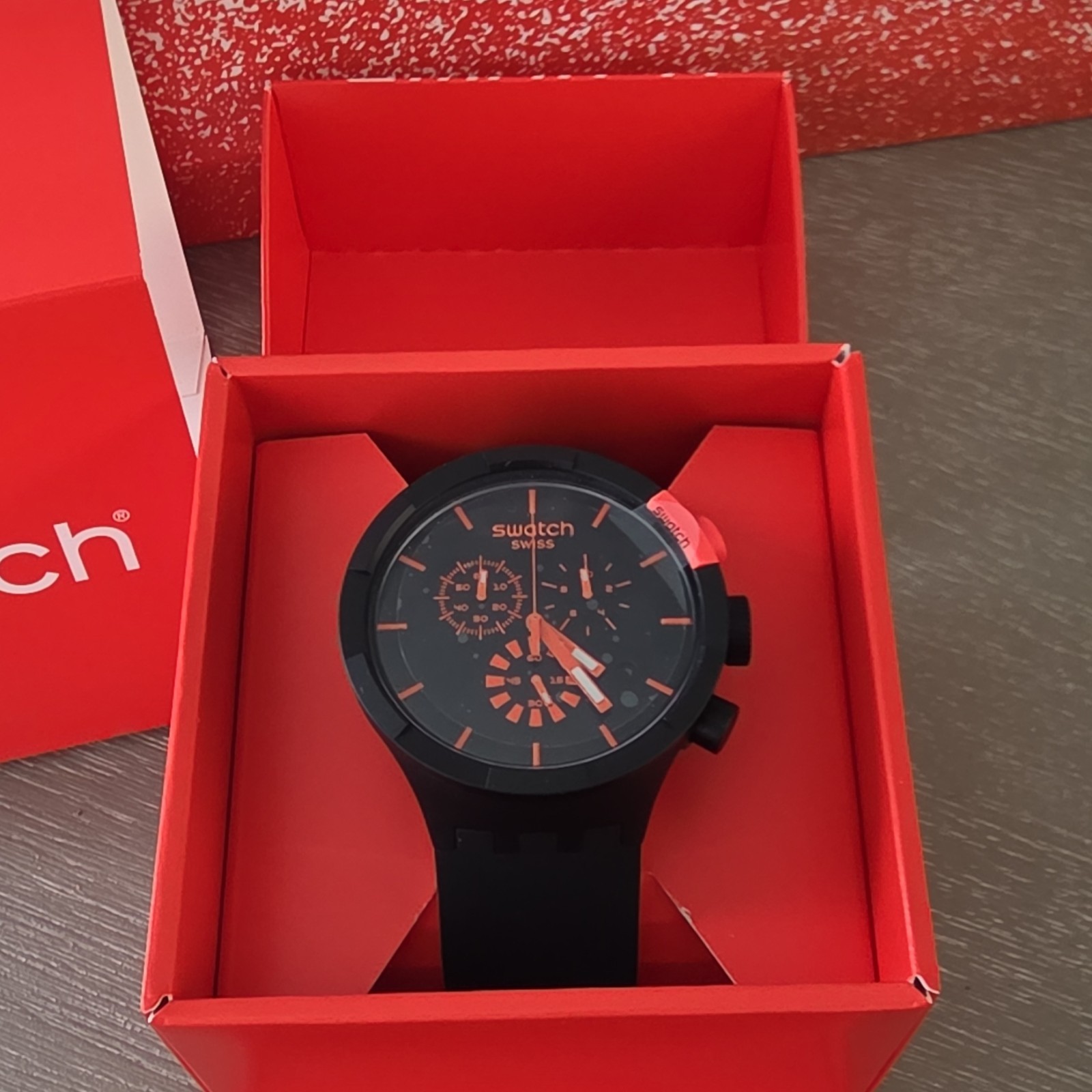 Swatch CheckPoint/Red Dial Chronograph Quartz Rubber Strap Analog Watch w/ Box